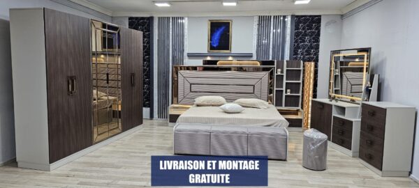 CHAMBRE A COUCHER ARMOIRE 6BATTANTS 6PIECES MARRON GRIS ANKA – Image 5