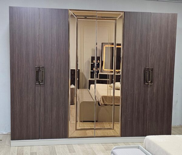 CHAMBRE A COUCHER ARMOIRE 6BATTANTS 6PIECES MARRON GRIS ANKA – Image 3