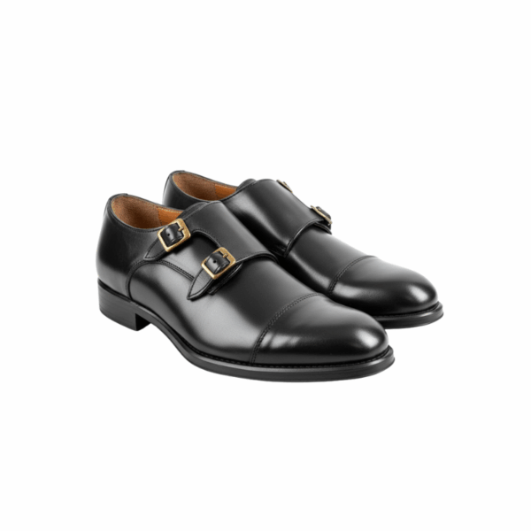 Double Monks PIERRE CARDIN en Cuir Noir – Boucles Dorées