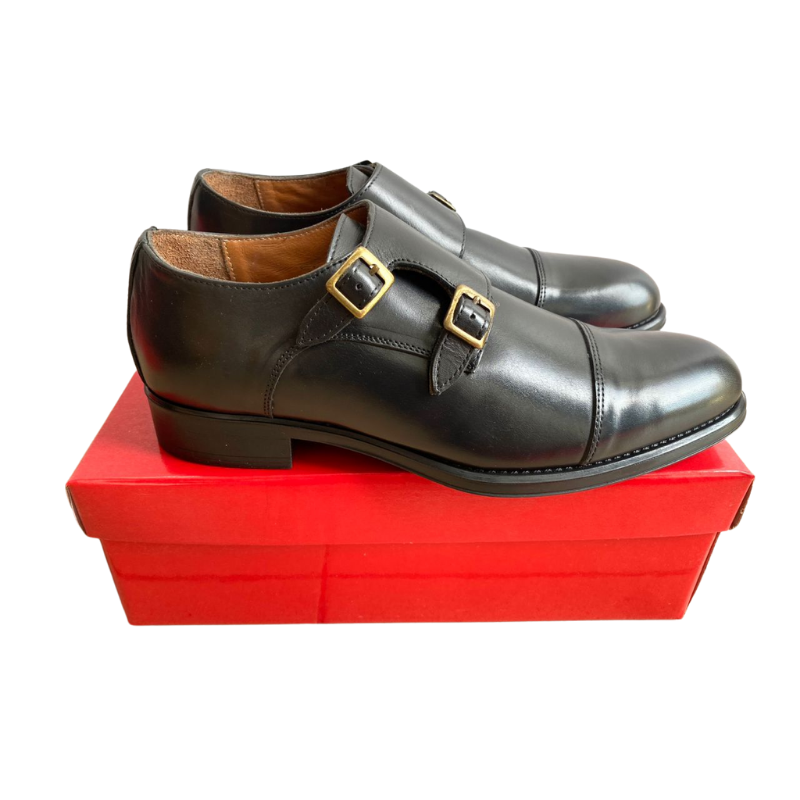 Double Monks PIERRE CARDIN en Cuir Noir – Boucles Dorées – Image 2