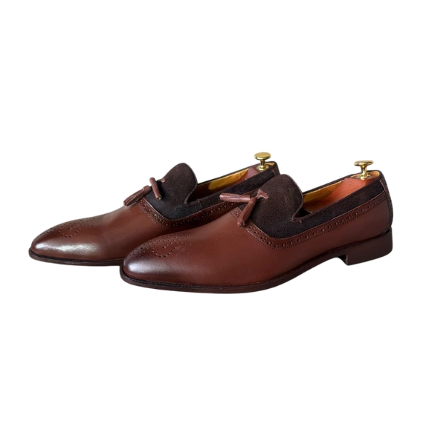 Mocassins à Pampilles Bi-Matière en Cuir et Daim Marron – Image 2