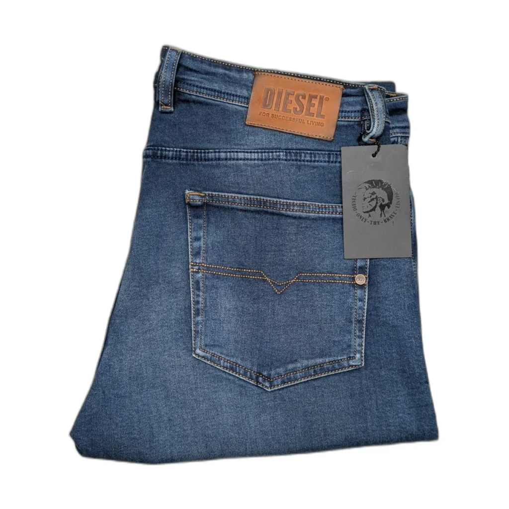 Jean homme Diesel 5 poches délavé étiquette cuir – Bleu moyen