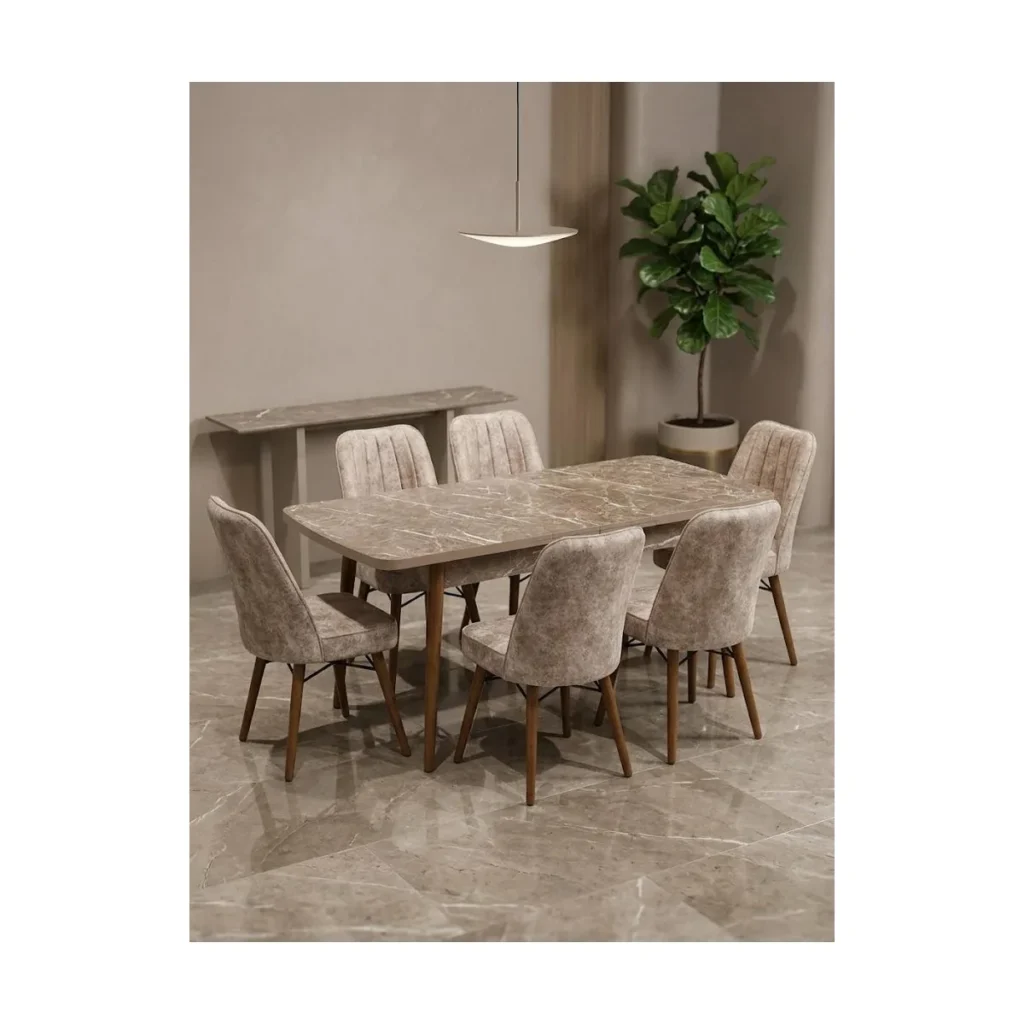 Table à manger extensible Belek avec 6 chaises – Beige